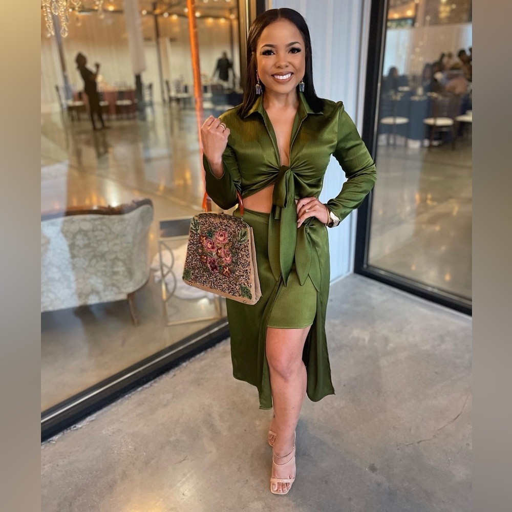 Green Midi Skirt with Tie Front and Slit
